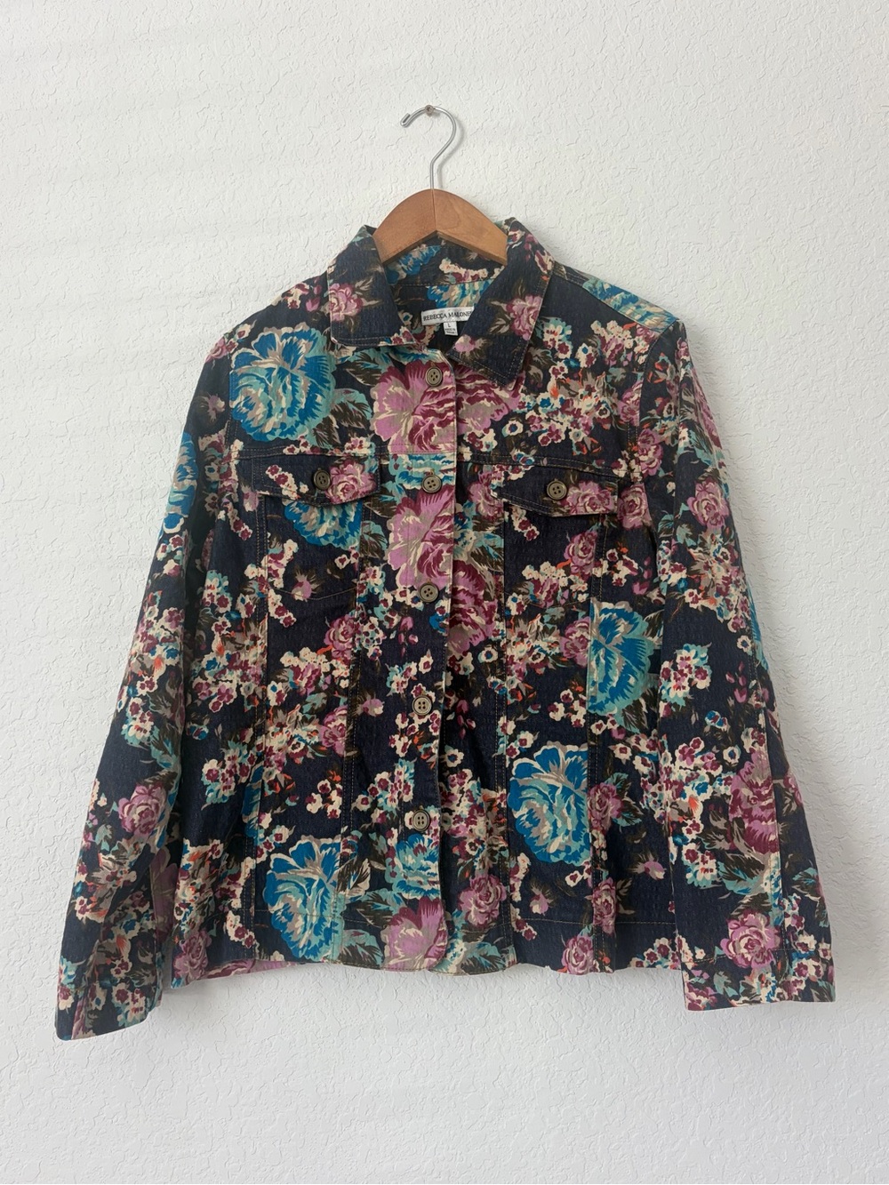 Rebecca Malone Black Floral Button-Down Jacket with Blue & Pink Flowers